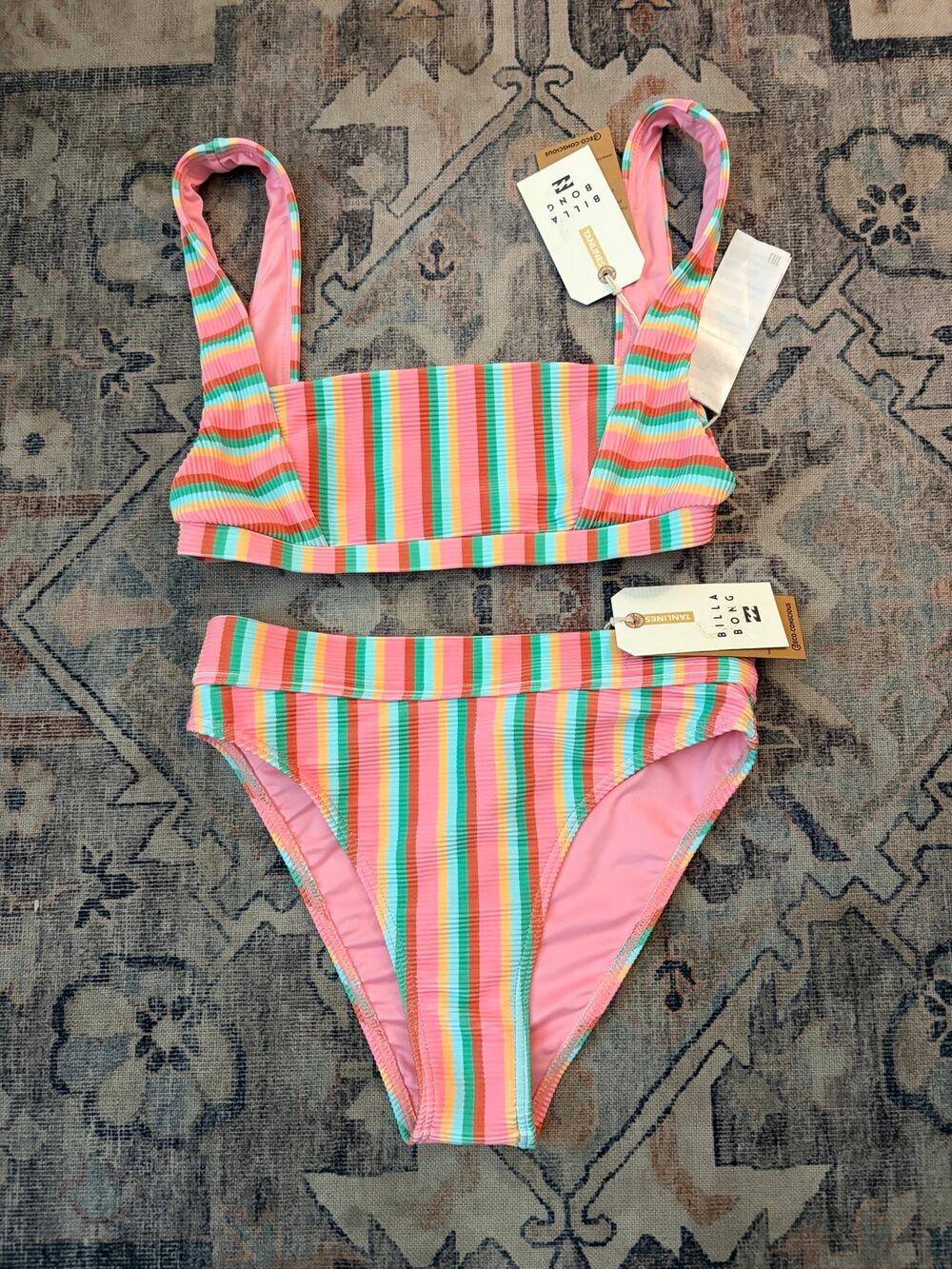 Billabong Tanlines Rib Bikini Set Top M Bottom S Maui Rider NWT Pink Stripe